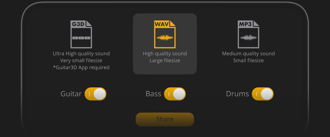 Guitar 3D Studio export (g3d,wav,mp3) options